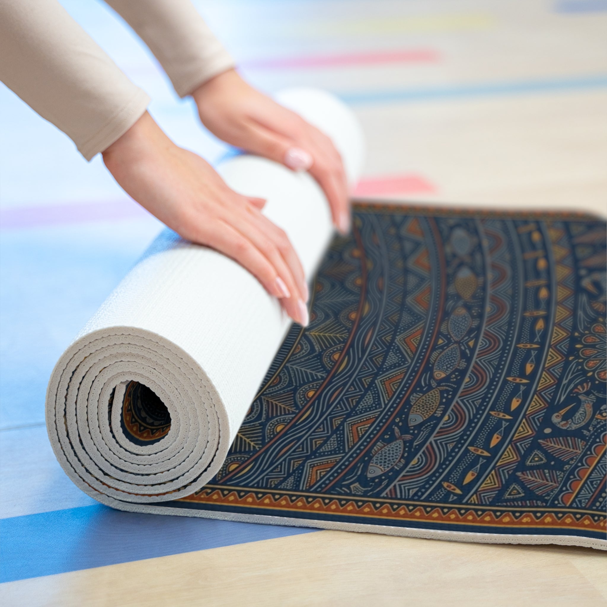 Cosmic Damaru Yoga Mat - The First Frequency | Deep Indigo Madhubani Art