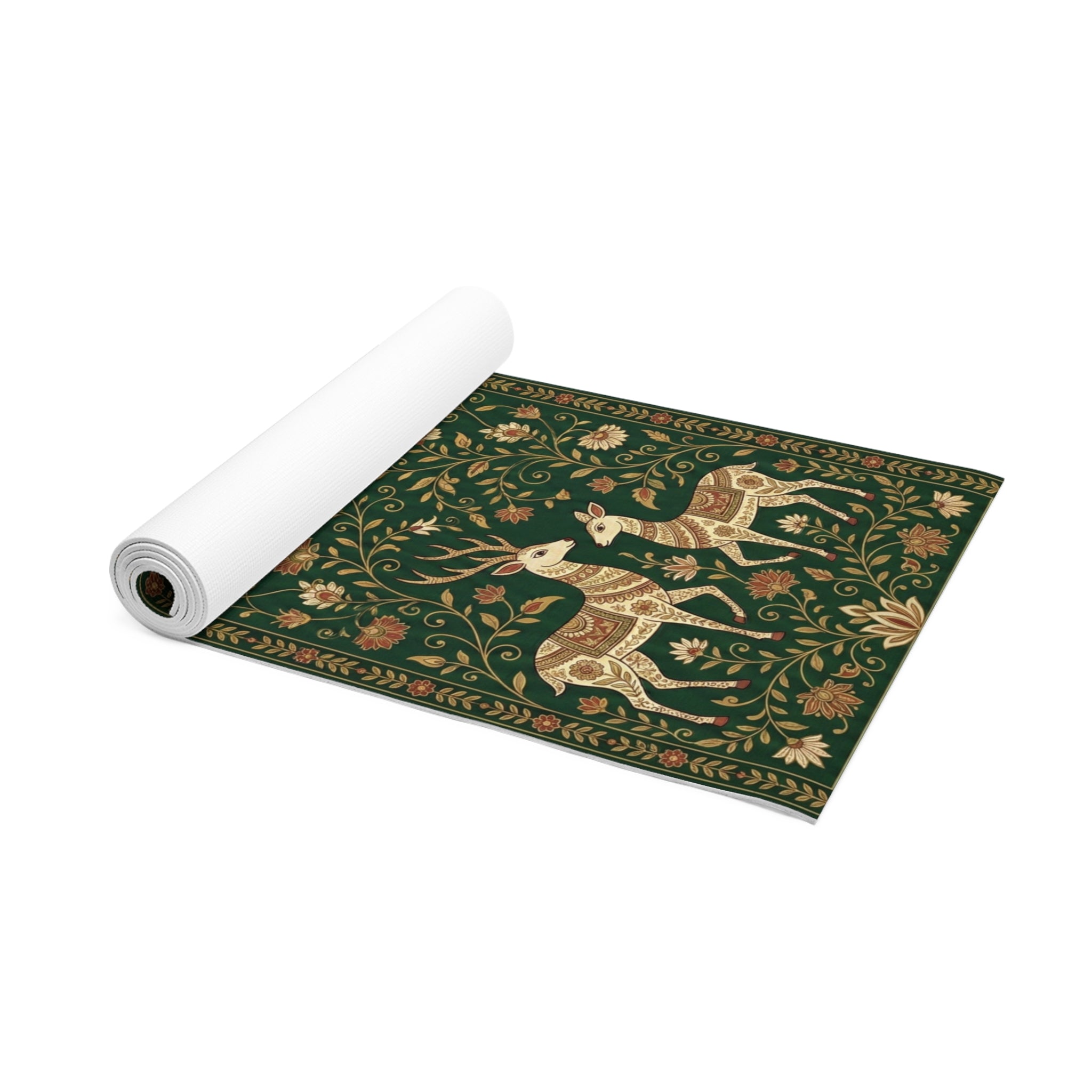 Forest of Harmony: Deep Green Madhubani Deer Yoga Mat