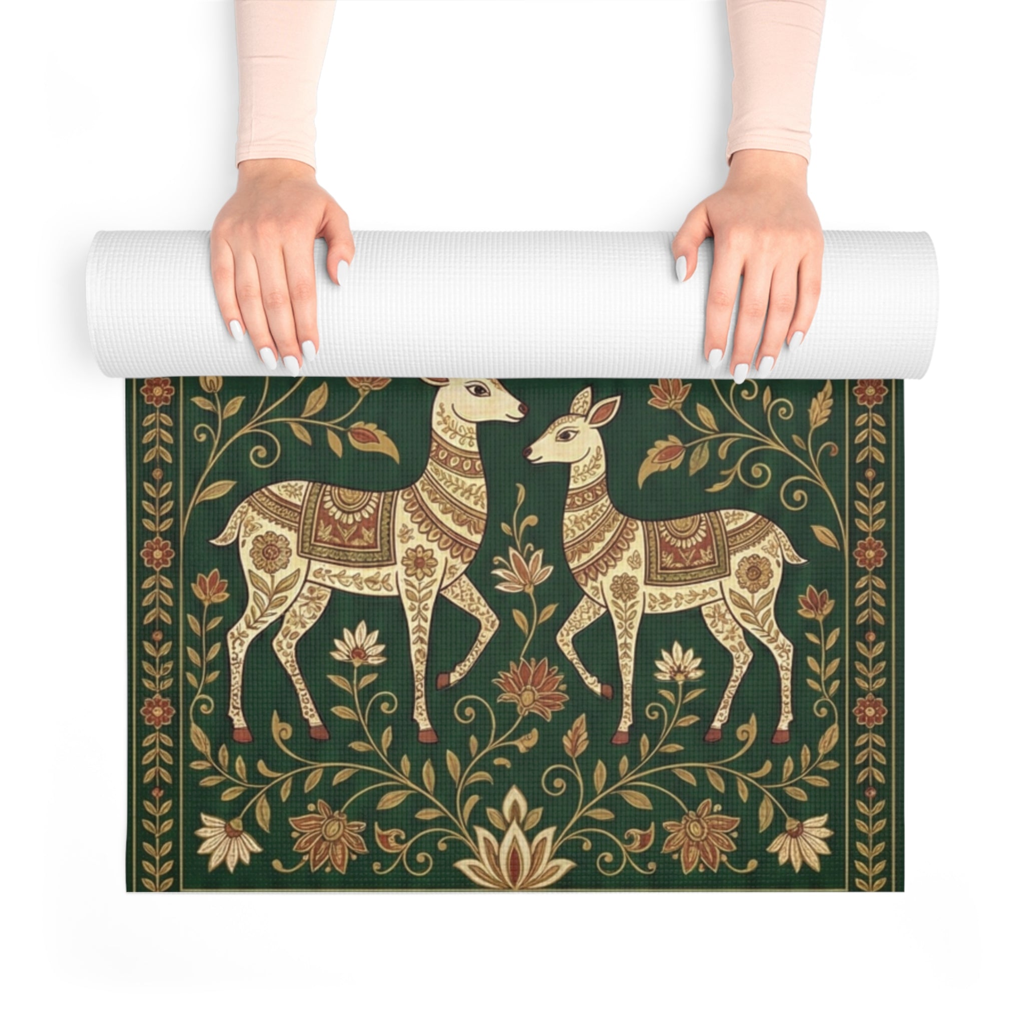 Forest of Harmony: Deep Green Madhubani Deer Yoga Mat