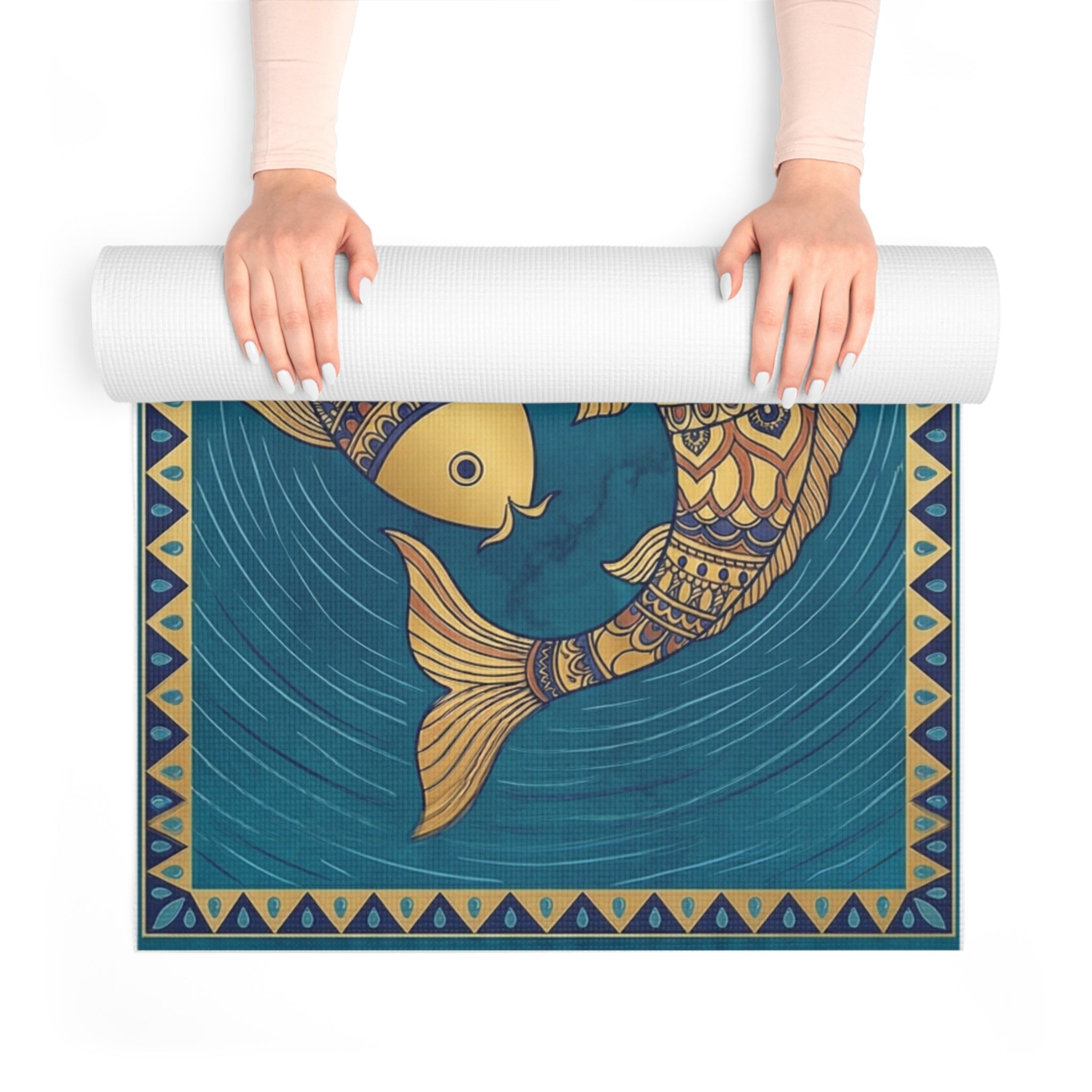 River of Abundance: Teal Madhubani Fish Yoga Mat